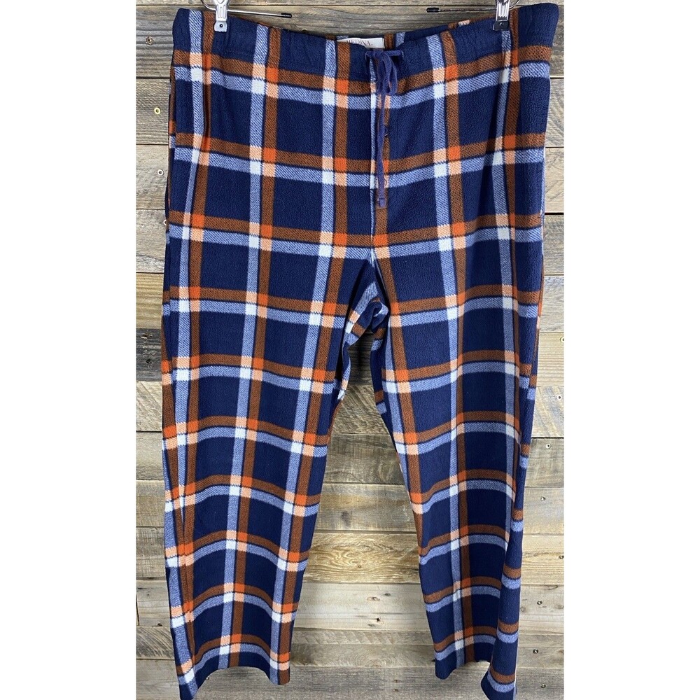 Merona Men's Sz XL Blue & Orange Plaid Fleece W/Drawstring Pajama Lounge Pants